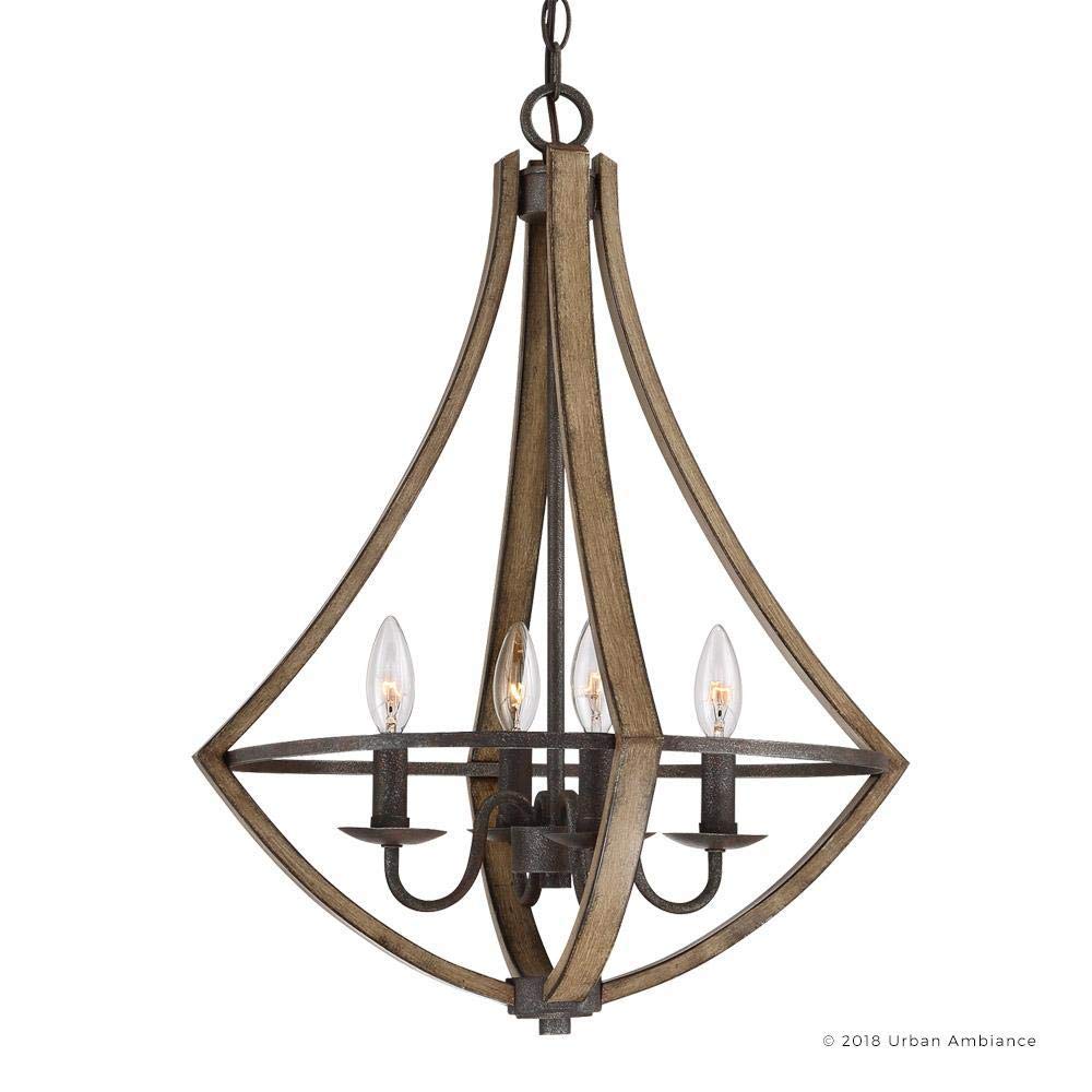 Luxury Farmhouse Chandelier, Medium Size: 24"H x 18.25"W, with Rustic Style Elements, Wood Grain Metal with Antique Black Finish, UQL2962 from The Swansea Collection by Urban Ambiance