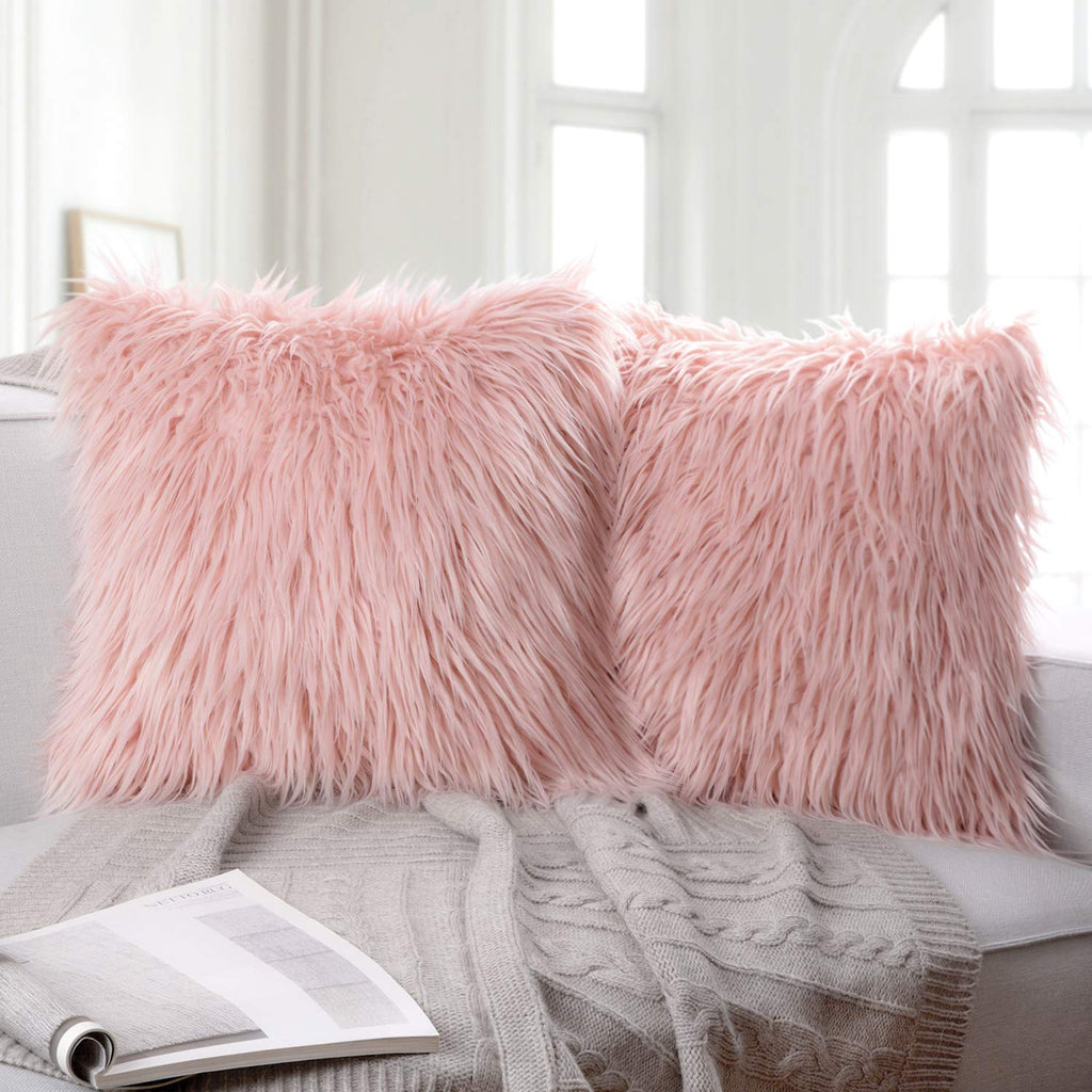 Ashler Pack of 2 Decorative Luxury Style Pink Faux Fur Throw Pillow Case Cushion Cover 18 x 18 Inch 45 x 45 cm