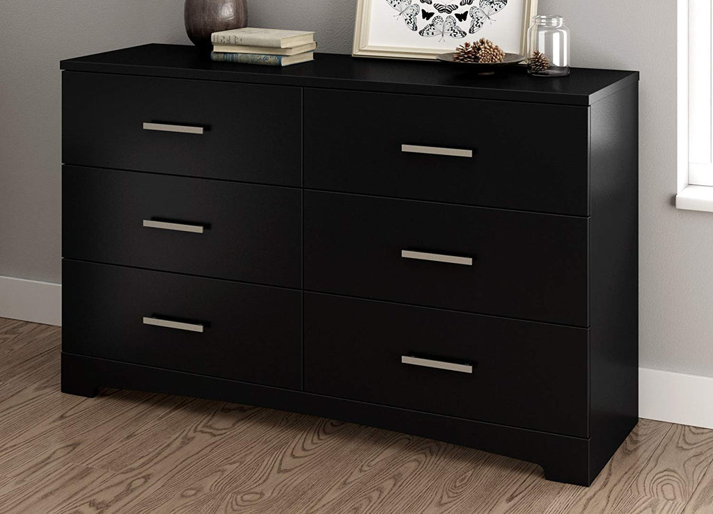 South Shore Gramercy 6-Drawer Double Dresser, Pure Black with Brushed Nickel Handles