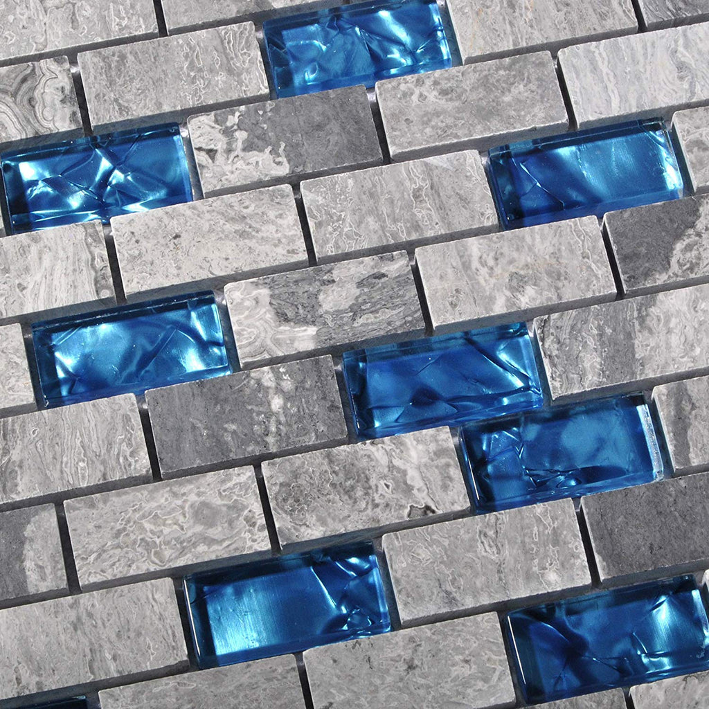 Ocean Teal Blue Glass Nature Stone Tile Kitchen Backsplash 3D Bath Shower Accent Wall Decor Gray Wave Marble 1 x 2 Subway Art Mosaics TSTNB03 (1 Sample 11.8 X 11.8 Inches)