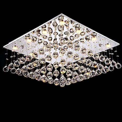 7PM W24" X H13" Square Rain Drop Clear LED K9 Crystal Chandelier