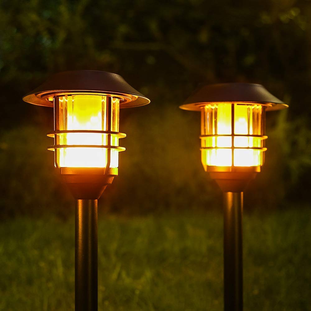 55" Tall Solar Torches Lights 4 Pack with Flicking Flame 100% Metal LED Solar Light Outdoor Dancing Stainless Steel Walkway Lighting for Garden Patio Yard Decor Waterproof Pool Path Effect Light