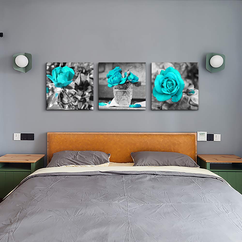 wall art for living room Black and white rose flowers Blue Big Canvas Prints Wall Decor Artwork 24" x 24" 3 Pieces Framed Watercolor Giclee with Black Border Ready to Hang for bedroom Home Decoration
