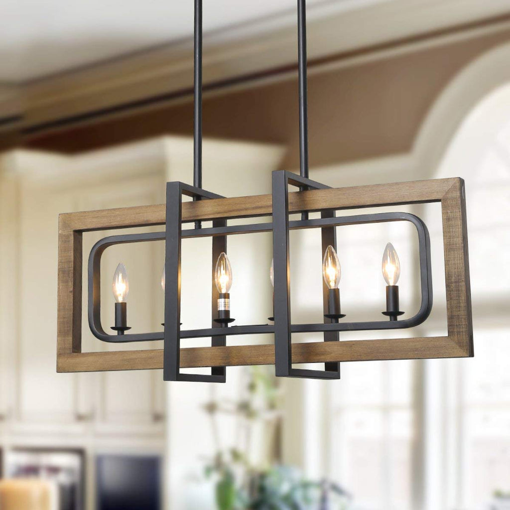 LOG BARN 6 Lights Farmhouse Island Pendant Chandelier in Distressed Wood and Matte Black Metal Finish, 31.5" Large Kitchen Light Fixture, A03429
