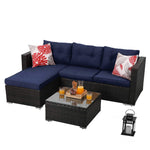 PHI VILLA 3-Piece Patio Furniture Set Rattan Sectional Sofa Wicker Furniture (Blue)