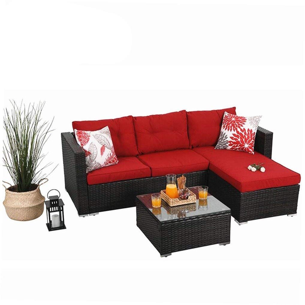 PHI VILLA 3-Piece Outdoor Rattan Sectional Sofa- Patio Wicker Furniture Set (red)