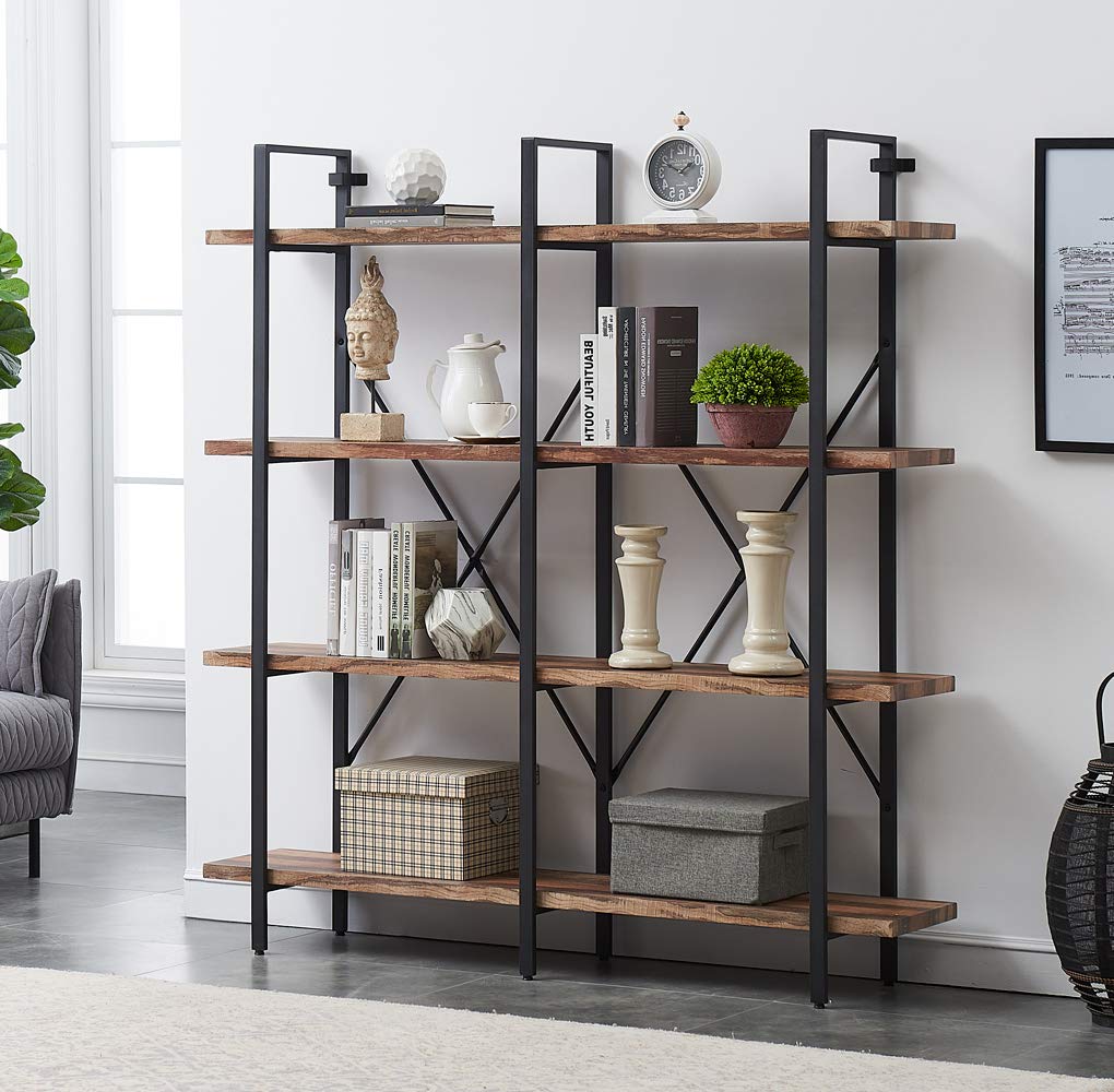 O&K Furniture Double Wide 4-Tier Open Bookcases Furniture, Rustic Industrial Etagere Bookshelf, Large Book Shelves for Home Kitchen Organizer, Retro Brown