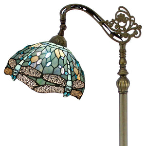 Tiffany Style Reading Floor Lamp Sea Blue Stained Glass with Crystal Bead Dragonfly Lampshade 64 Inch Tall Antique Arched Base for Bedroom Living Room Lighting Table Set Gifts S147 WERFACTORY