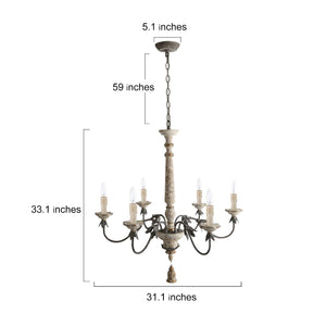 LALUZ 6 Lights French Country Chandelier with Metal Flower Arms in Distressed Wood and Rusty Steel Finish, 31.1" Large Shabby Chic Dining Room Pendant Light Fixture, A03484
