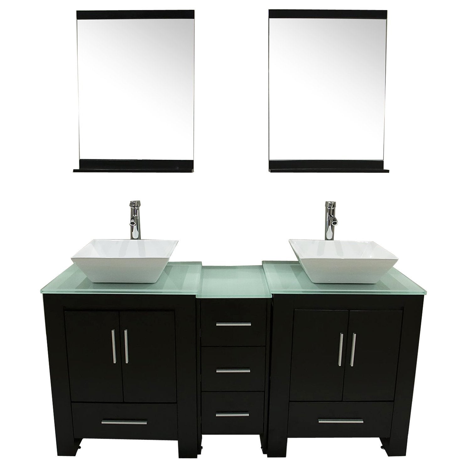 Walcut 60" Double Black Wood Bathroom Vanity with 2 Trapeziform Ceramic Vessel Sink, Faucet Combo w/ 2 free Mirror, Tempered Glass Table Board