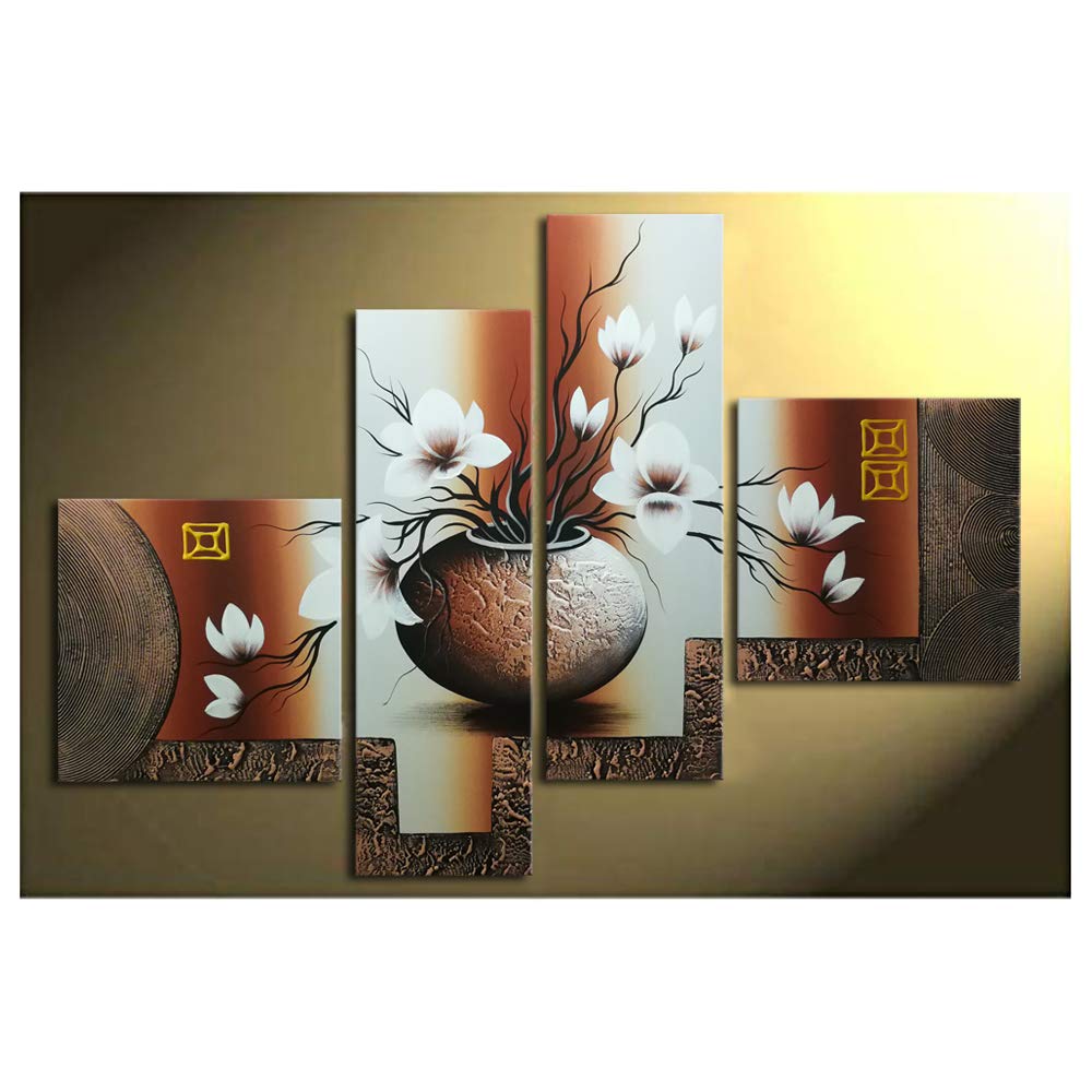 Wieco Art -Stretched and Framed 100% Hand-Painted Modern Canvas Wall Art Stretched and Framed Elegant Flowers for Home Decoration Floral Oil Paintings on Canvas 4pcs/Set