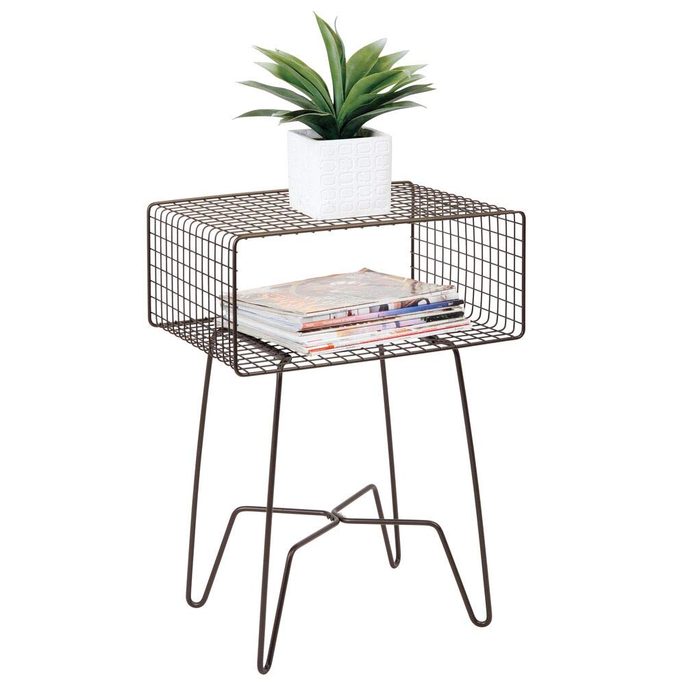 mDesign Modern Farmhouse Side/End Table - Metal Grid Design - Open Storage Shelf Basket, Hairpin Legs - Sturdy Vintage, Rustic, Industrial Home Decor Accent Furniture for Living Room, Bedroom - Bronze