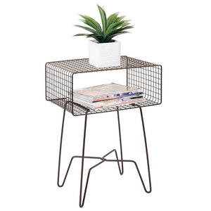 mDesign Modern Farmhouse Side/End Table - Metal Grid Design - Open Storage Shelf Basket, Hairpin Legs - Sturdy Vintage, Rustic, Industrial Home Decor Accent Furniture for Living Room, Bedroom - Bronze