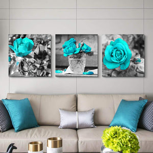 wall art for living room Black and white rose flowers Blue Big Canvas Prints Wall Decor Artwork 24" x 24" 3 Pieces Framed Watercolor Giclee with Black Border Ready to Hang for bedroom Home Decoration