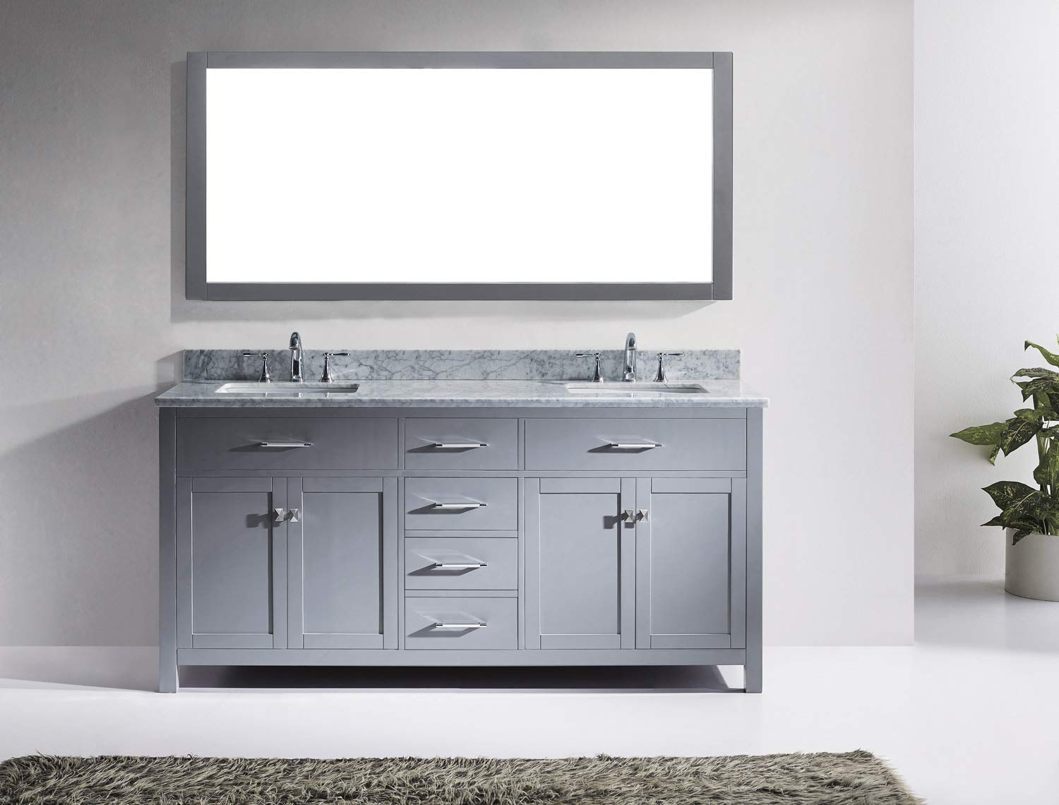 Virtu USA Caroline 72 inch Double Sink Bathroom Vanity Set in Grey w/ Square Undermount Sink, Italian Carrara White Marble Countertop, No Faucet, 1 Mirror - MD-2072-WMSQ-GR