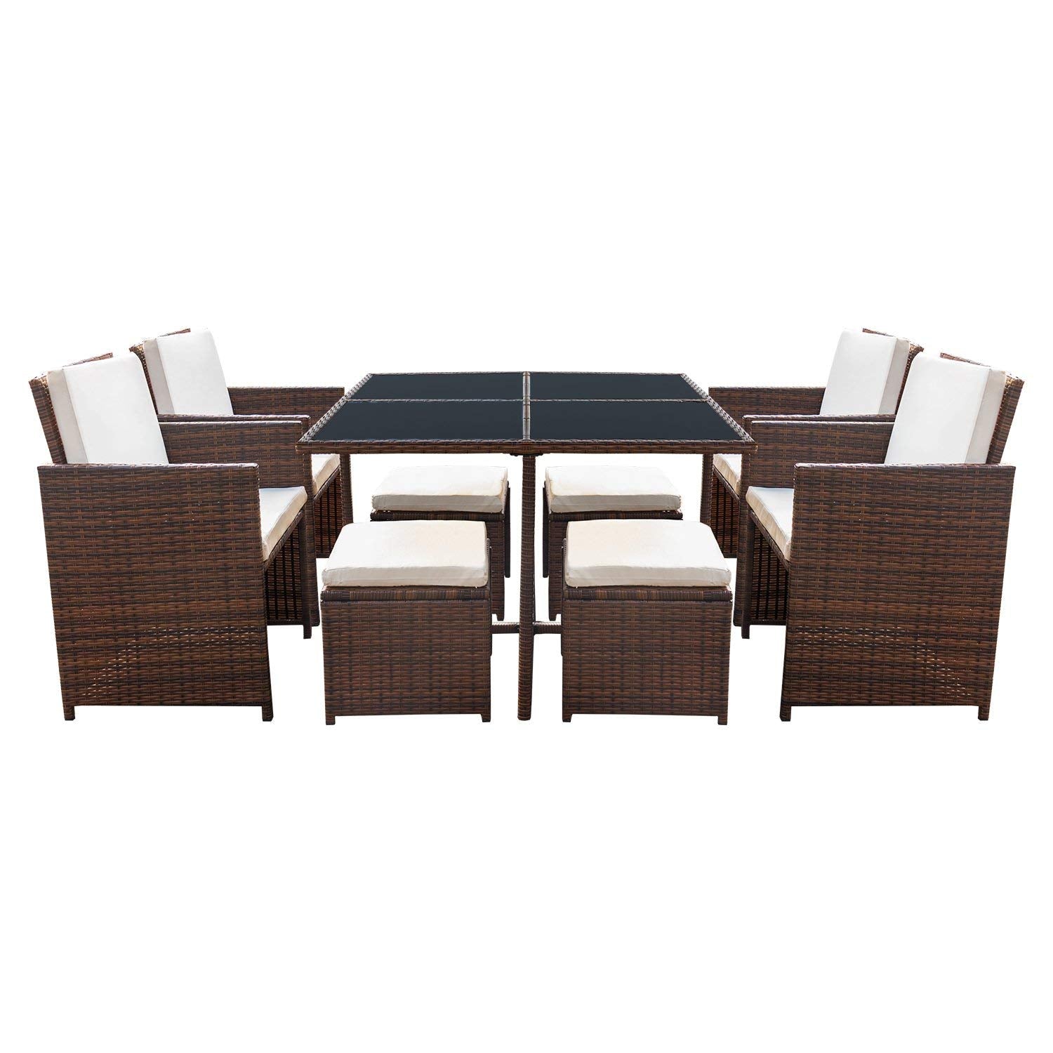 Devoko 9 Pieces Patio Dining Sets Outdoor Space Saving Rattan Chairs with Glass Table Patio Furniture Sets Cushioned Seating and Back Sectional Conversation Set (Brown)