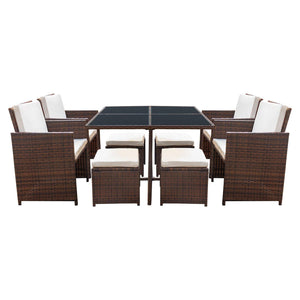 Devoko 9 Pieces Patio Dining Sets Outdoor Space Saving Rattan Chairs with Glass Table Patio Furniture Sets Cushioned Seating and Back Sectional Conversation Set (Brown)