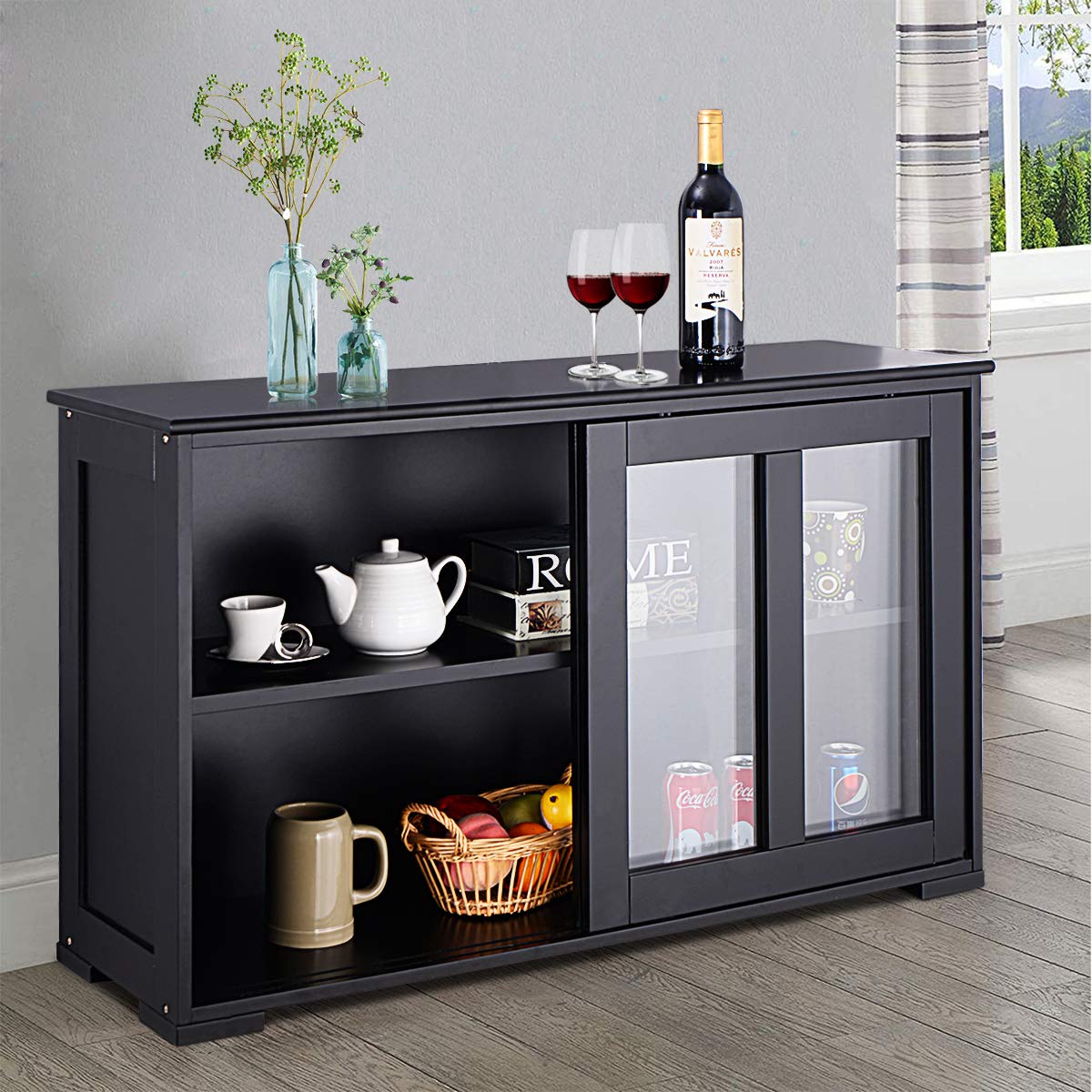 Costzon Kitchen Storage Sideboard, Antique Stackable Cabinet for Home Cupboard Buffet Dining Room (Black Sideboard with Sliding Door Window)