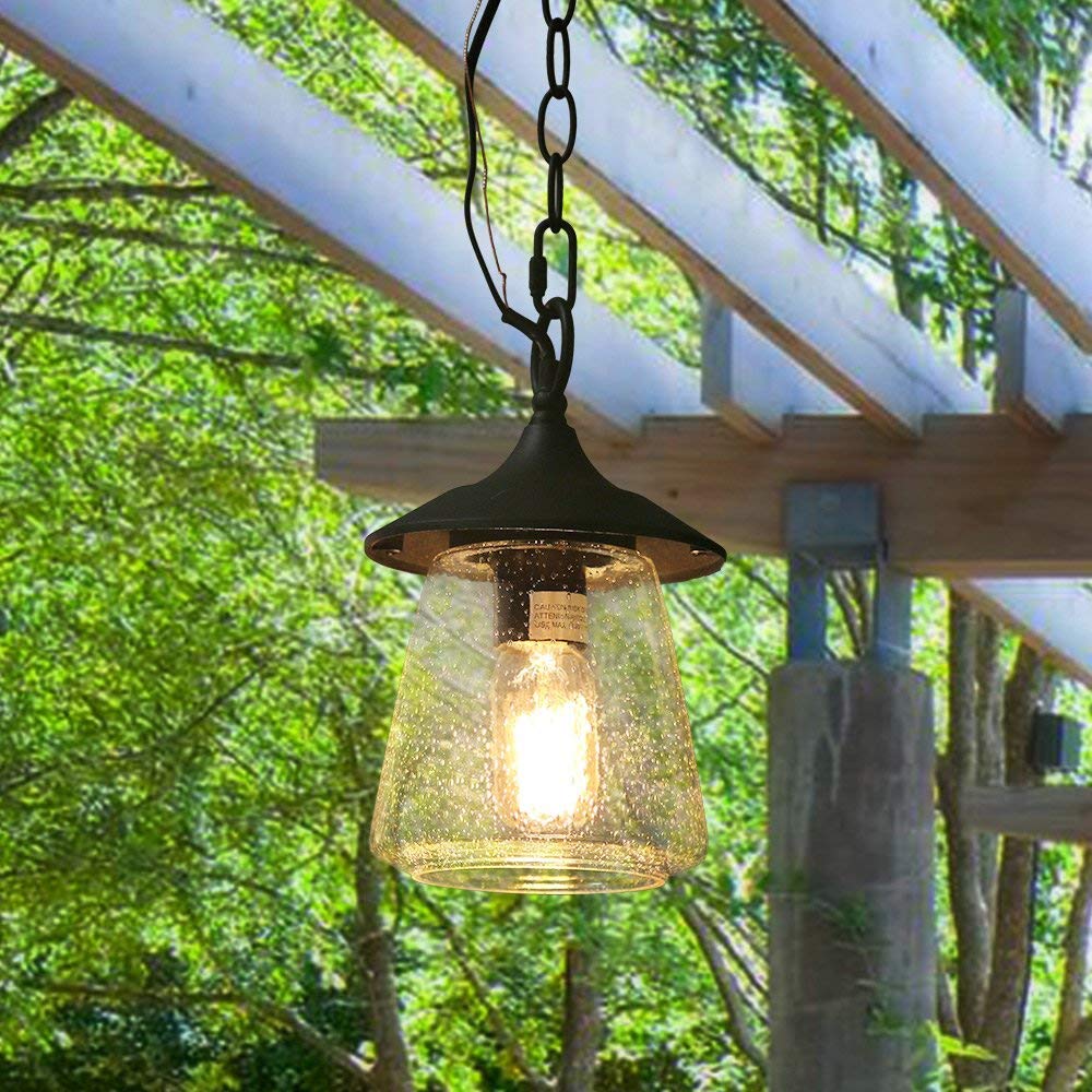Log Barn 1 Light Outdoor Lantern Pendant Lighting in Painted Black Metal with Clear Bubbled Glass Globe, 9.4" Hanging Lamp for Porch, A03355