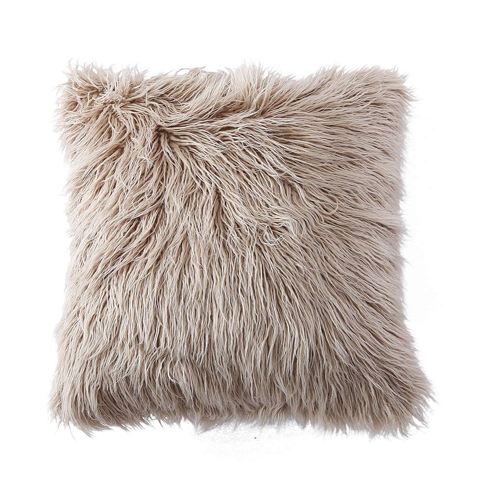 Ojia Deluxe Home Decorative Super Soft Plush Mongolian Faux Fur Throw Pillow Cover Cushion Case (18 x 18 Inch, Light Coffee)