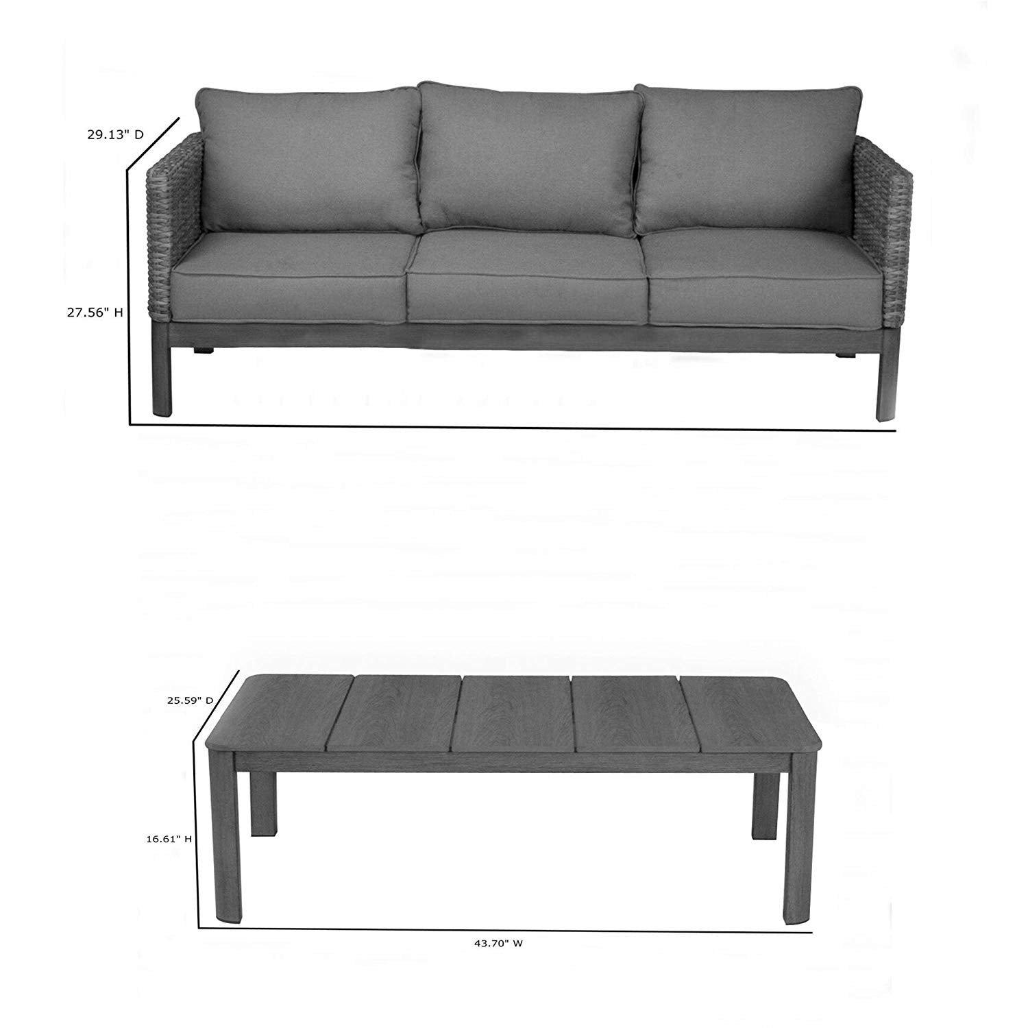 COSCO Outdoor Furniture Set, Coffee Table, Sofa, Chair Set, 4 Piece, Tan Wicker, Warm Gray Cushions