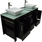 Walcut 60" Double Black Wood Bathroom Vanity with 2 Trapeziform Ceramic Vessel Sink, Faucet Combo w/ 2 free Mirror, Tempered Glass Table Board