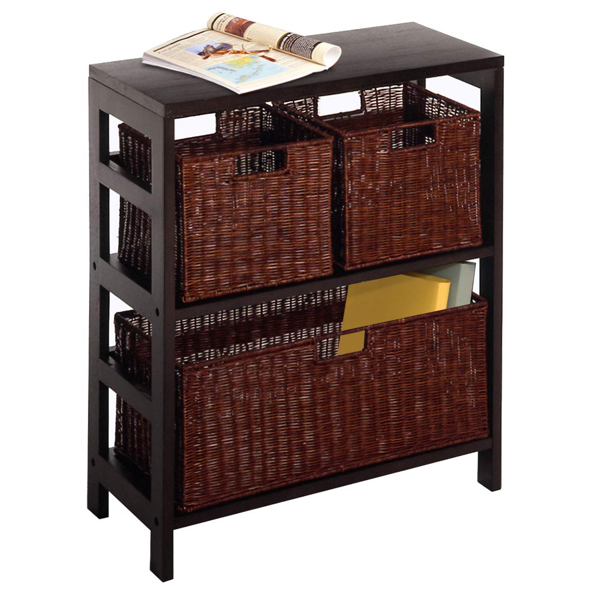 Winsome Wood Leo Wood 3 Tier Shelf with 3 Rattan Baskets - 1 Large; 2 Small in Espresso Finish