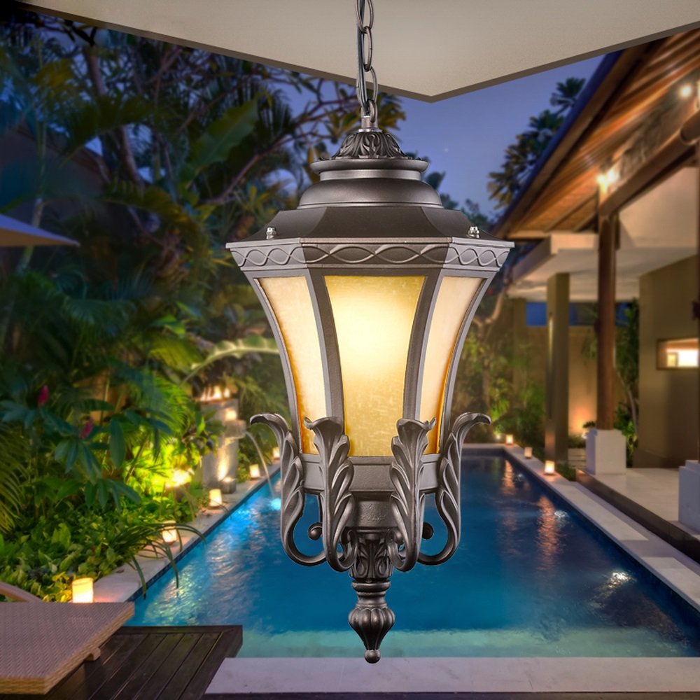 Modeen European Glass Lantern Outdoor Ceiling Pendant Light Vintage Tradition Victoria Aluminum Waterproof Chandelier Courtyard Villa Balcony Terrace Aisle Corridor for E27 Decoration Lighting Fixture