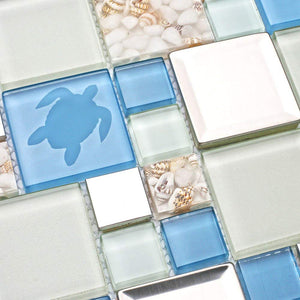 New Idea Tile Kitchen Bath Backsplash Accent Wall Decor TST Glass Metal Tile Marine Animals Icon Beach Style Inner Conch Sea Blue Mosaic Tiles TSTNB11 (1 Sample 12x12 Inches)