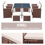 Homall 9 Pieces Patio Dining Sets Outdoor Furniture Patio Wicker Rattan Chairs and Tempered Glass Table Sectional Set Conversation Set Cushioned with Ottoman (Brown)