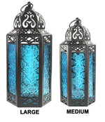Blue Glass Moroccan Style Candle Lantern - Great for Patio, Indoors/Outdoors, Events, Parties and Weddings