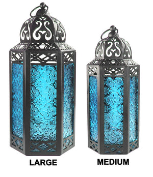 Blue Glass Moroccan Style Candle Lantern - Great for Patio, Indoors/Outdoors, Events, Parties and Weddings