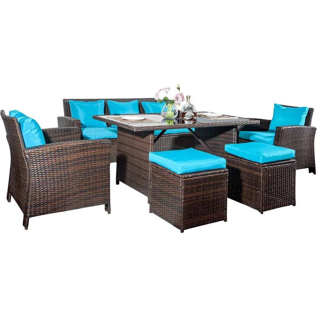 Merax 6-Piece Patio Furniture Dining Set Outdoor Living Wicker Sofa Set (Blue Cushion)
