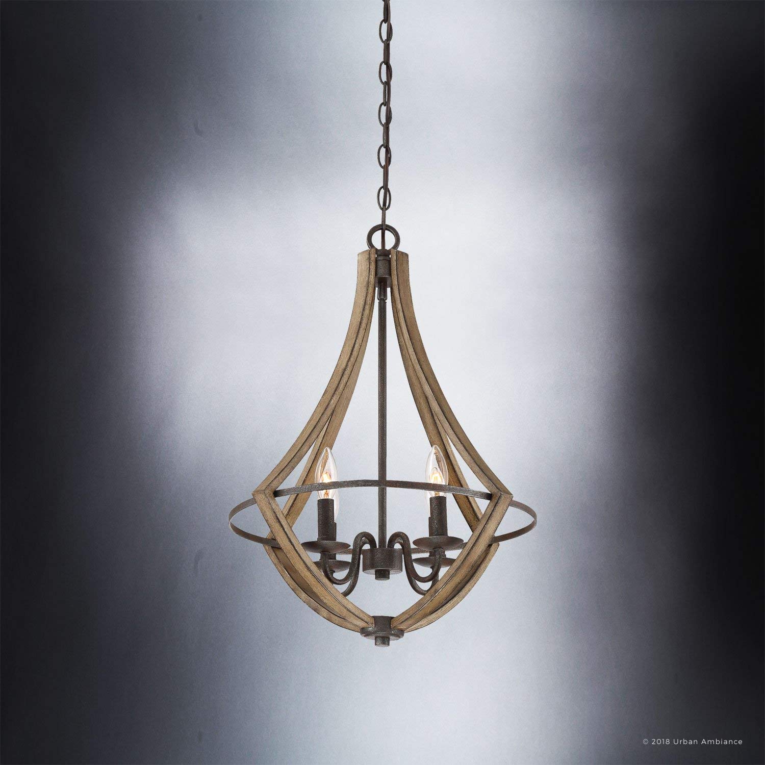 Luxury Farmhouse Chandelier, Medium Size: 24"H x 18.25"W, with Rustic Style Elements, Wood Grain Metal with Antique Black Finish, UQL2962 from The Swansea Collection by Urban Ambiance