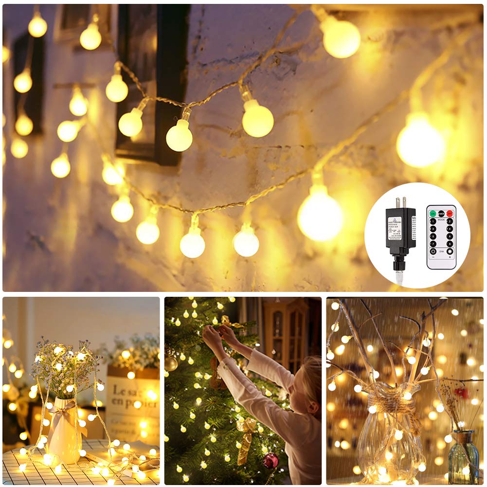 Globe String lights, Room Lights with Remote Control, 100 LED Hanging lights Waterproof Outdoor Indoor for Home Decor Party Patio Garden Wedding Decoration, 44 Ft, 8 Lighting Modes, Warm White