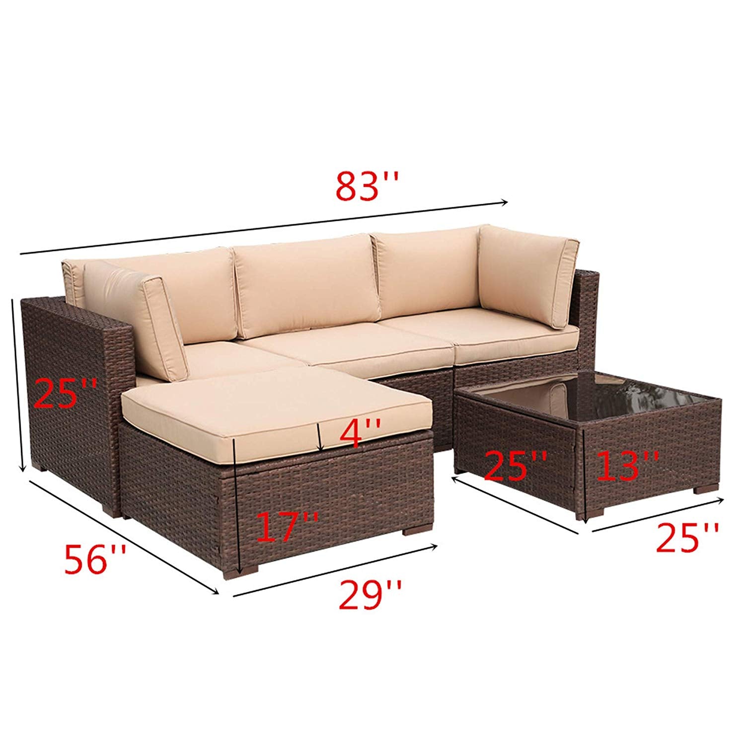 PATIORAMA Outdoor Furniture Sectional Sofa Set (5-Piece Set) All-Weather Brown PE Wicker with Beige Seat Cushions &Glass Coffee Table| Patio, Backyard, Pool| Steel Frame