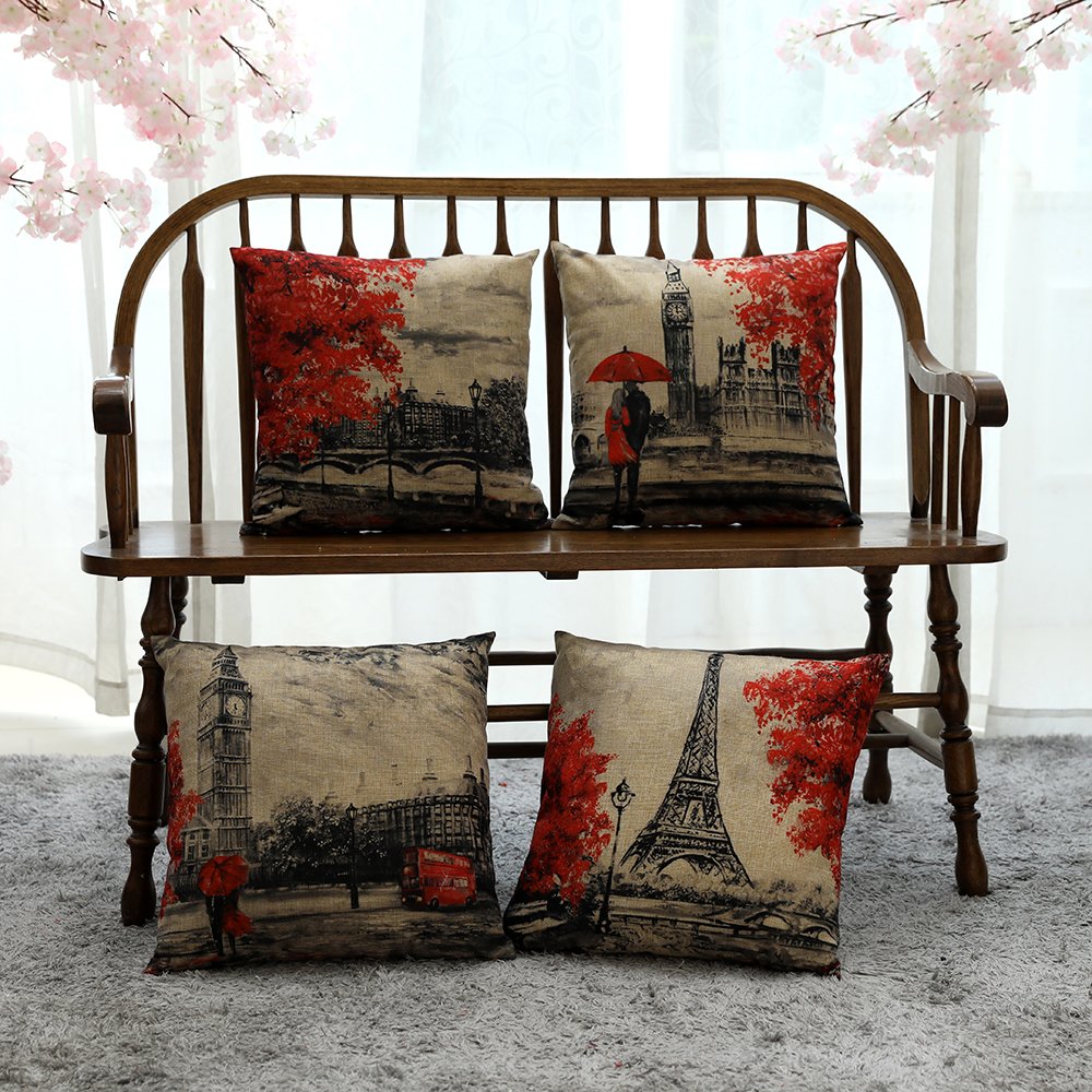 Kate 4 Packs Throw Pillow Covers 18 x 18 Inches Black & Red Color Eiffel Tower & Big Ben Pillow Case Decorative Cushion Cover for Soft, Home, Bedroom, Indoor or Out Door Pillowcase(Set of 4)