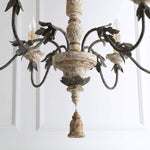 LALUZ 6 Lights French Country Chandelier with Metal Flower Arms in Distressed Wood and Rusty Steel Finish, 31.1" Large Shabby Chic Dining Room Pendant Light Fixture, A03484