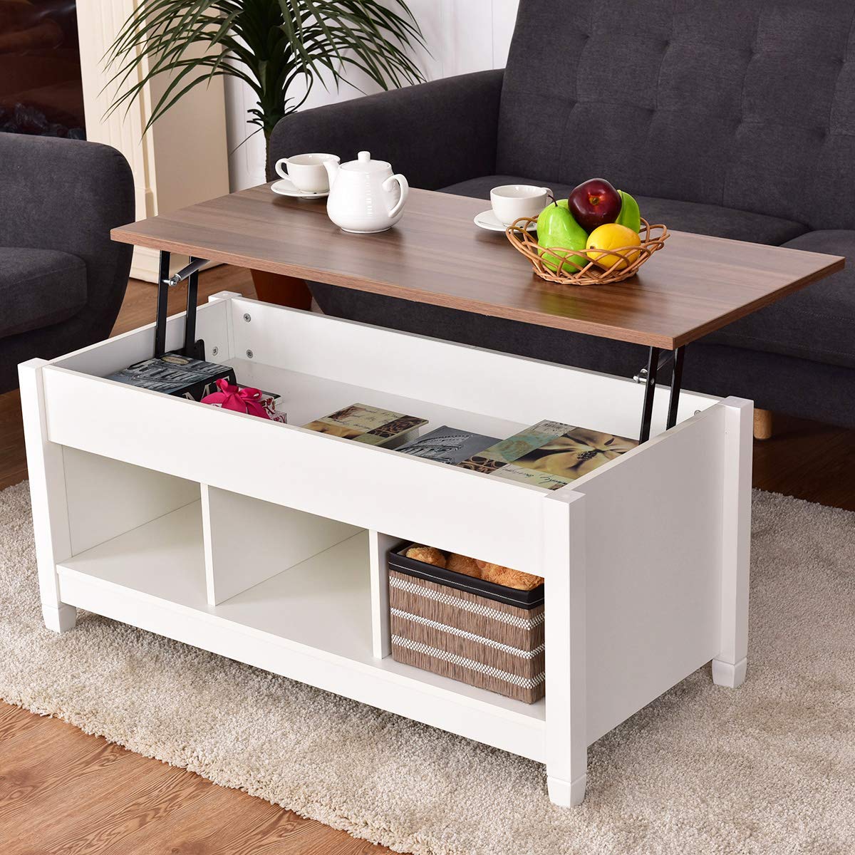 Tangkula Coffee Table Lift Top Wood Home Living Room Modern Lift Top Storage Coffee Table w/Hidden Compartment Lift Tabletop Furniture (White)