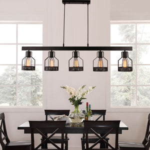 Unitary Brand Antique Black Metal Long Kitchen Island Light with 5 E26 Bulb Sockets 200W Painted Finish