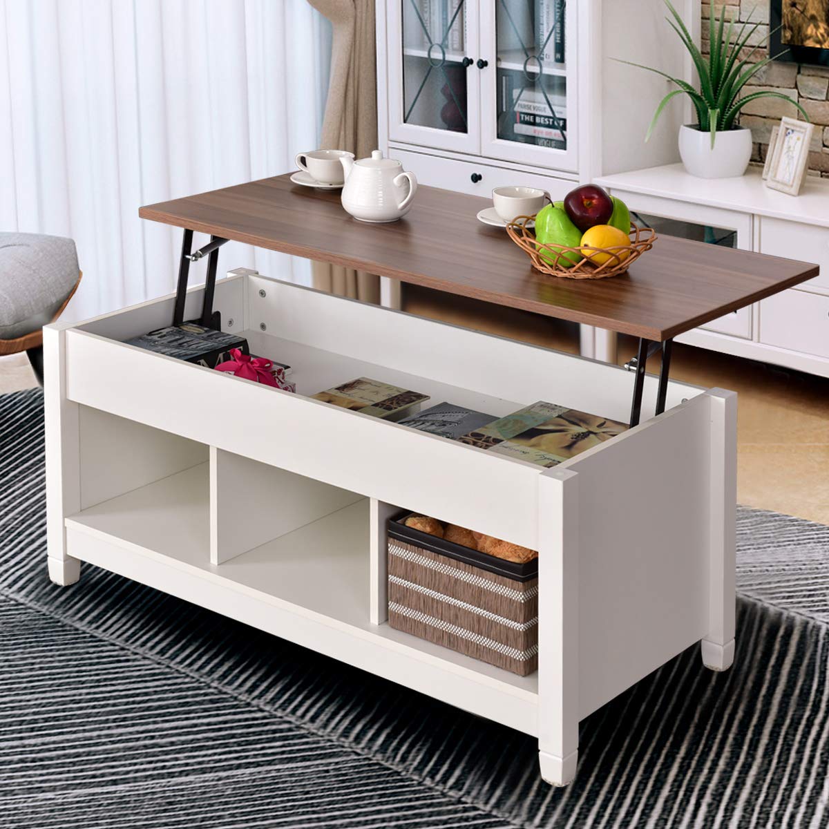 Tangkula Coffee Table Lift Top Wood Home Living Room Modern Lift Top Storage Coffee Table w/Hidden Compartment Lift Tabletop Furniture (White)