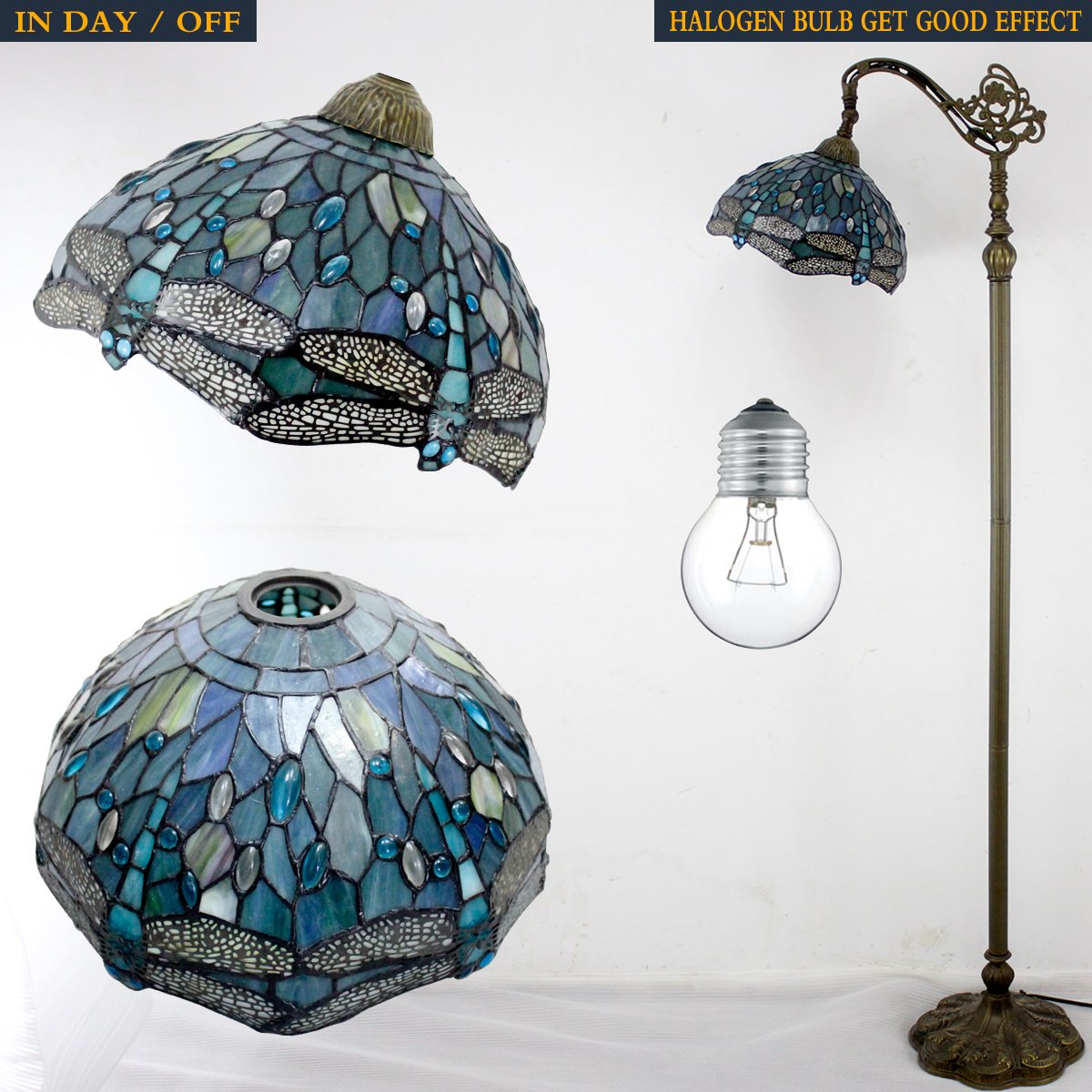 Tiffany Style Reading Floor Lamp Sea Blue Stained Glass with Crystal Bead Dragonfly Lampshade 64 Inch Tall Antique Arched Base for Bedroom Living Room Lighting Table Set Gifts S147 WERFACTORY