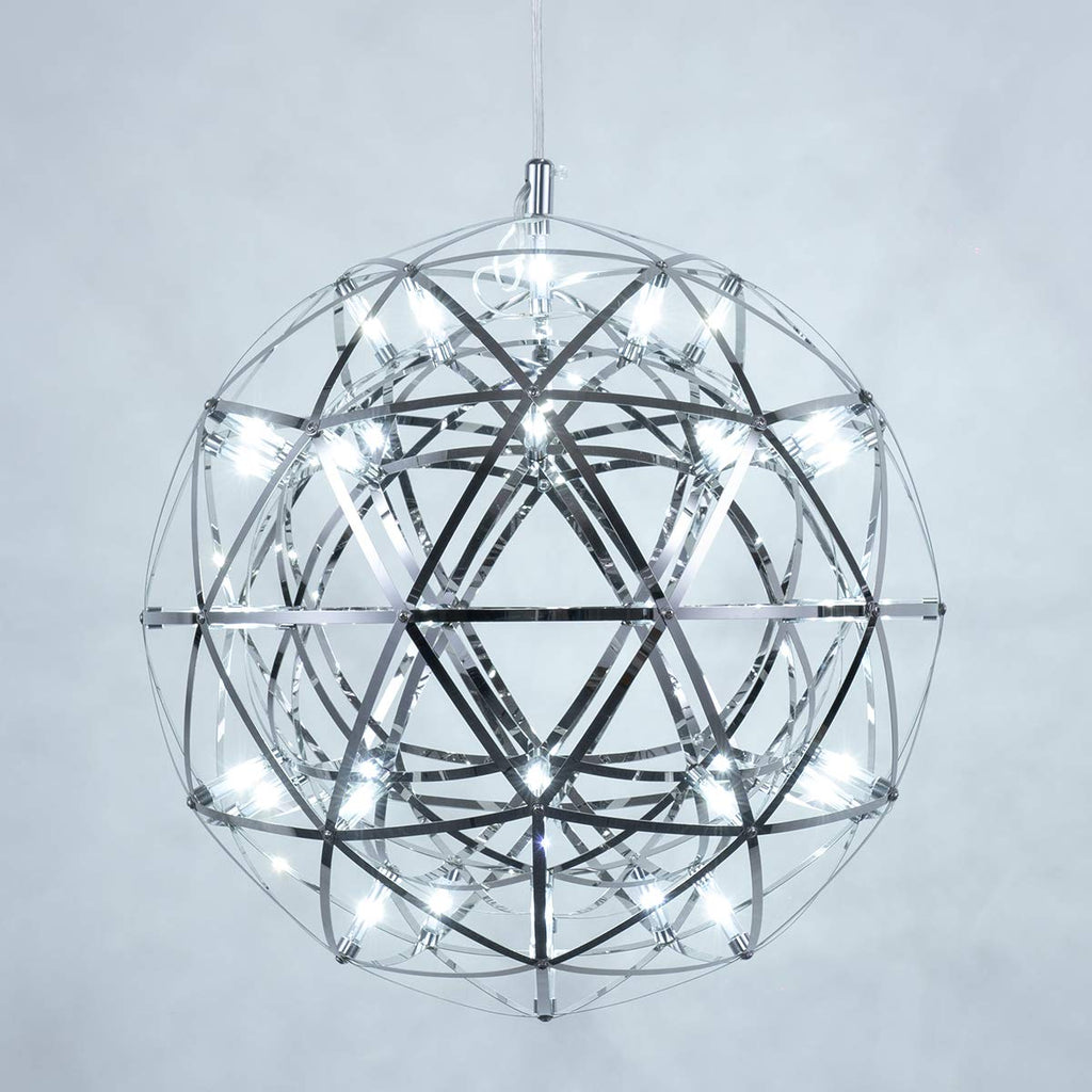 Mzithern Modern Geometric Chandelier in Chrome, 16" Contemporary LED Pendant Light Globe Ceiling Light Fixture for Living Room, Bedroom, Restaurant, Stainless Steel, Cool White 6000K