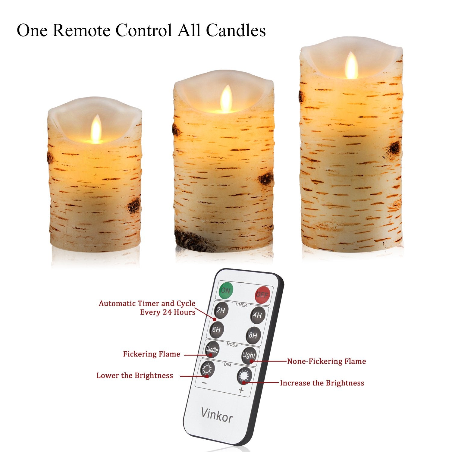 Vinkor Flameless Candles Flickering Candles Birch Bark Set of 4 5" 6" Battery Candles Real Wax Pillar with Remote Timer