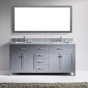 Virtu USA Caroline 72 inch Double Sink Bathroom Vanity Set in Grey w/ Square Undermount Sink, Italian Carrara White Marble Countertop, No Faucet, 1 Mirror - MD-2072-WMSQ-GR