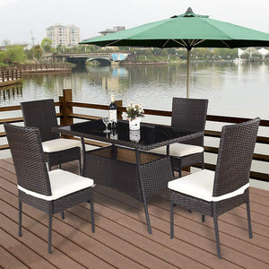 Tangkula Patio Furniture, 5 PCS All Weather Resistant Heavy Duty Wicker Dining Set with Stacking Chairs, Perfect for Balcony Patio Garden Poolside, 5 Piece Wicker Table and Chairs Set