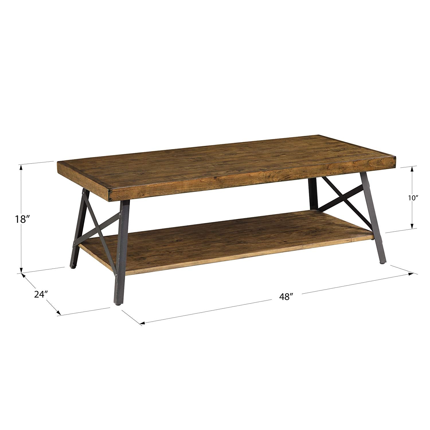 Emerald Home Chandler Rustic Industrial Solid Wood and Steel Coffee Table with Open Shelf