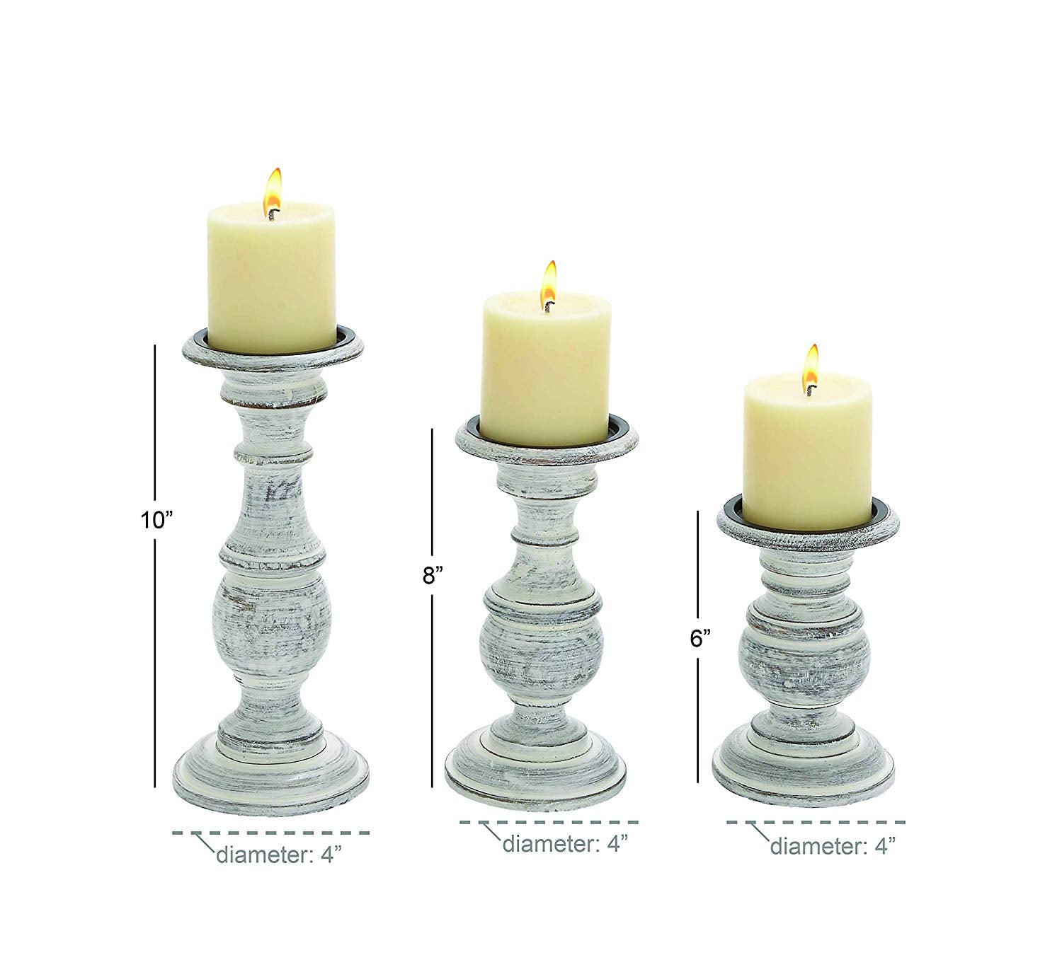 Deco 79 Distressed White Wood Candle Holders with Spiked Candle Plates, Traditional Style Table Decor, White Candlesticks Accent Decor | Set of 3: 4”, 6”, 8”