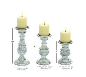 Deco 79 Distressed White Wood Candle Holders with Spiked Candle Plates, Traditional Style Table Decor, White Candlesticks Accent Decor | Set of 3: 4”, 6”, 8”