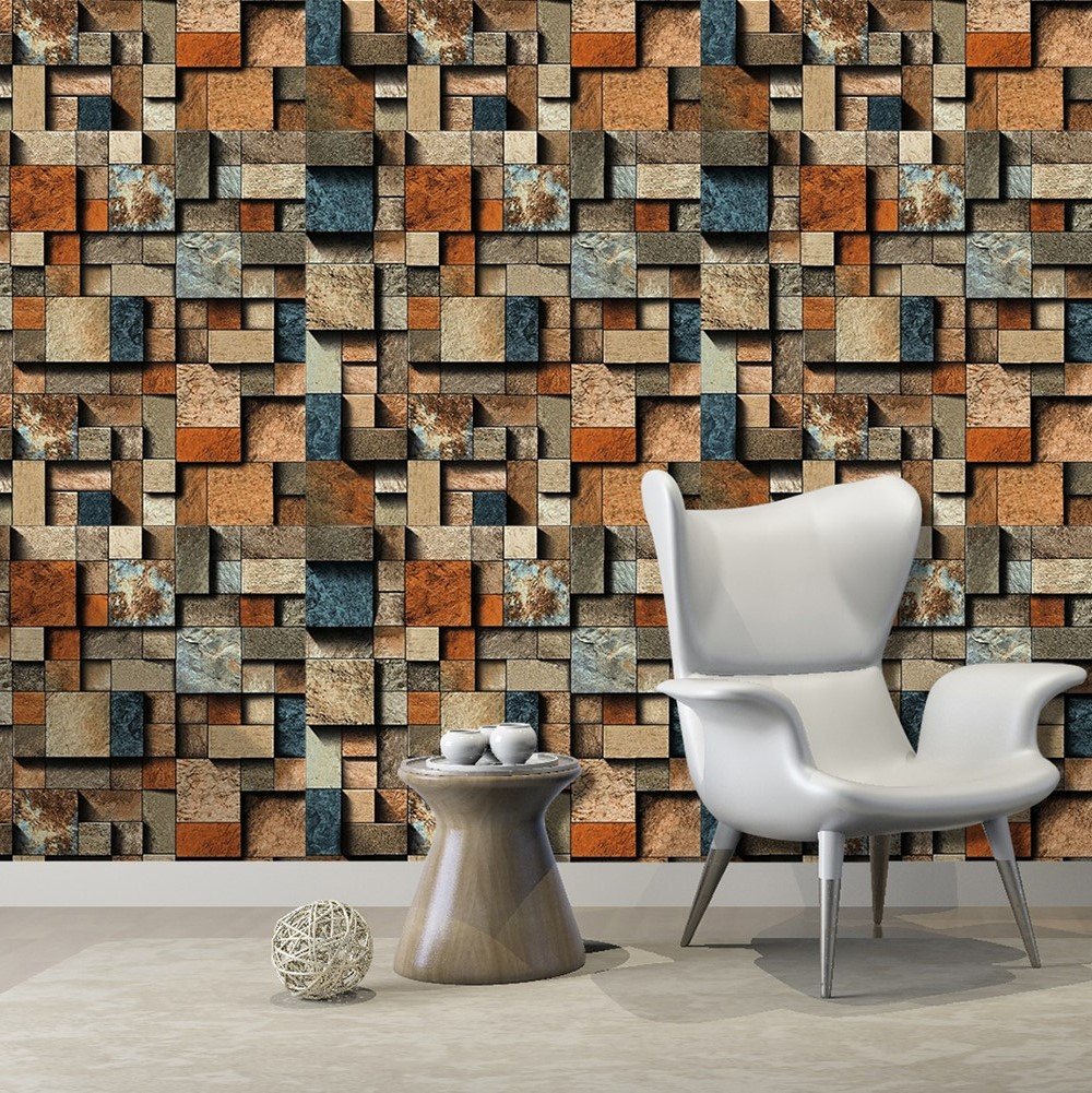 HaokHome 171801 Realistic Stone Brick Wallpaper 3D Rust/Black/Brown for Home Kitchen Accent Wall Decor 20.8"x 33ft